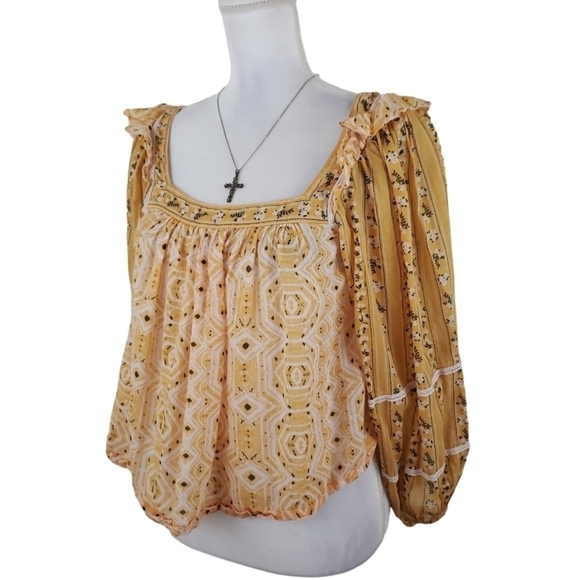 Free People~Woman S~Ochre Yellow Boho Tunic Smocked Henley CropTop Cotton. - Picture 10 of 13